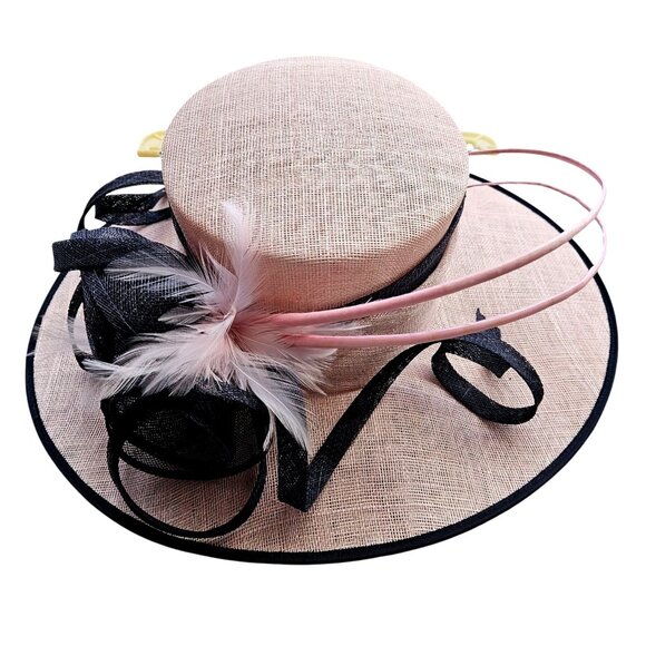 Y2K Cappelli Condici Pink Black Wide Brim Fascinator Hat Feathers L XL 25–26" - Picture 1 of 12